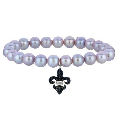 Phillip Gavriel Sterling Silver Pearl & Black Sapphire Fleur De Lis Stretchable Bangle Bracelet.