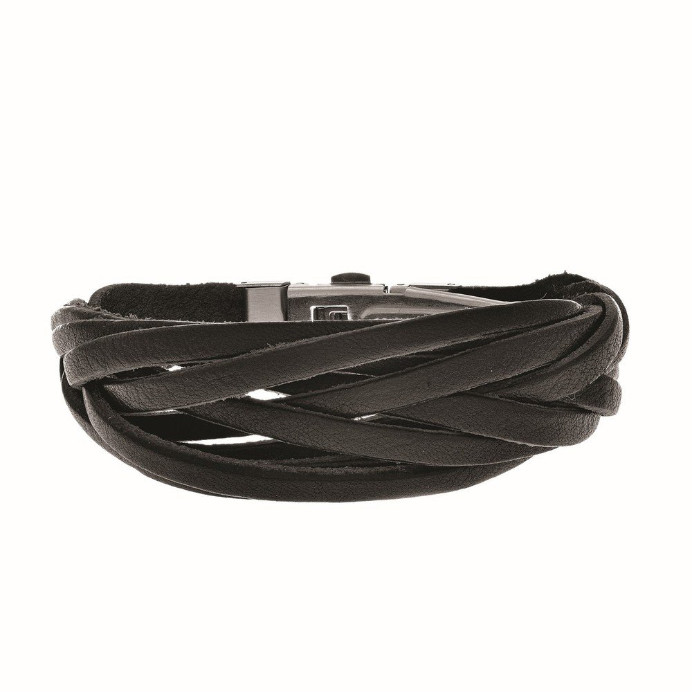 Joseph Tyler Stainless Steel Leather Weaved Strand Black Bracelet ss888