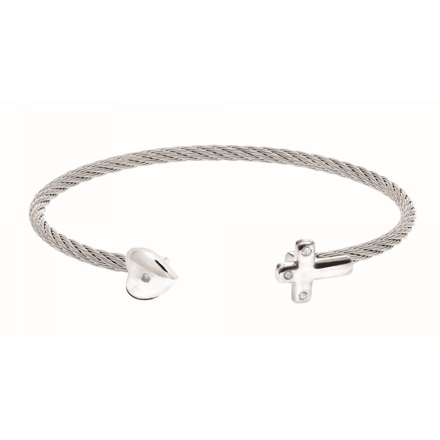 Montreaux Collection Sterling Silver Heart Cross Stainless Steel .04ct Diamonds Bangle