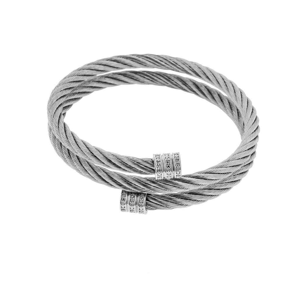 Montreaux Silver and Rhodium Plated Stainless Steel Cable Bangle 0.04 ct. of Diamonds