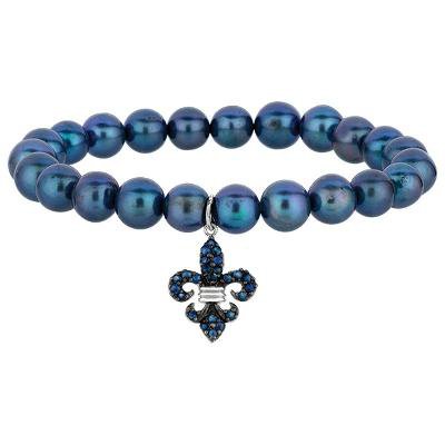 Phillip Gavriel Sterling Silver Greyish Pearl + Blue Sapphire Fleur De Lis Stretch Bracelet.
