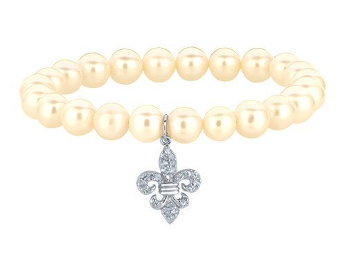 Phillip Gavriel Fresh Water Pearl Stretch Bracelet with Fleur De Lis White Sapphire Charm