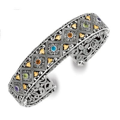 Phillip Gavriel 18k Yellow Gold & Sterling Silver Blue Topaz + Peridot + Citrine Cuff Bangle.