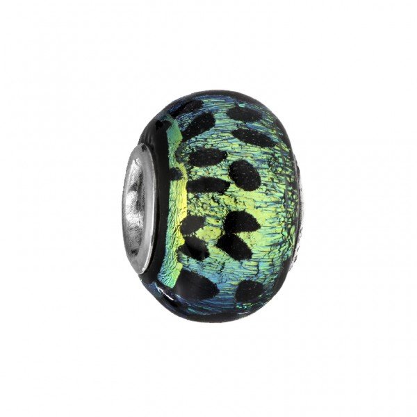 Personality blue & lime dichroic glass bead with black cheetah print