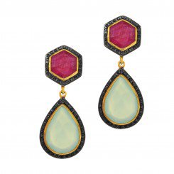 Phillip Gavriel Yellow Silver with Aqua Chalcedony+Ruby Surrounded with Black Spinel Drop Earrings