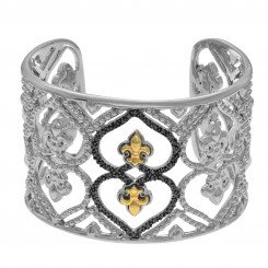 Phillip Gavriel 18kt Yellow Gold+Silver Soft Edged Fleur De Lis Cuff Bangle with Black Diamond