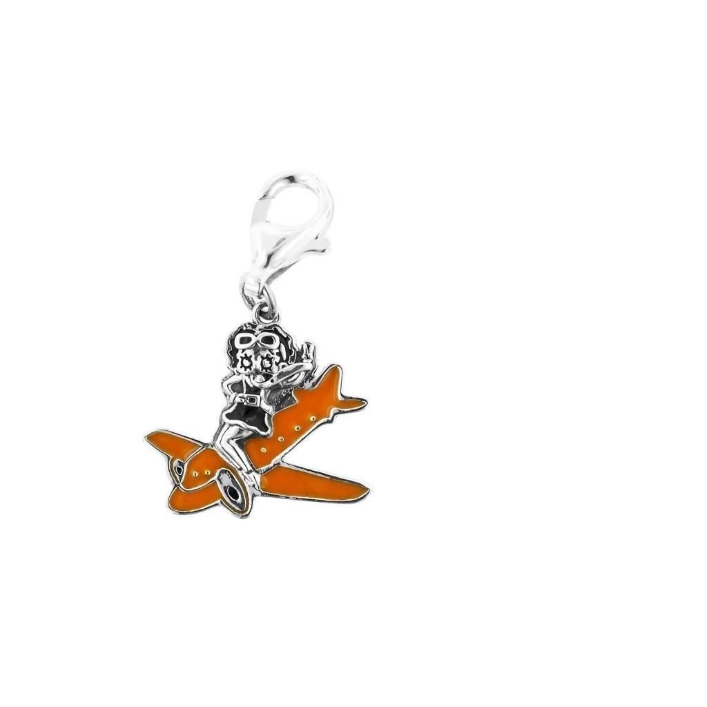 Personality Jewelry Collection Silver & Orange Enamel "Betty Boop" On a Plane Sterling Silver