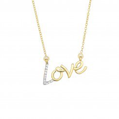 14k Yellow Gold Shiny "Love" Necklace with 0.07ct.Diamond+Lobster Clasp