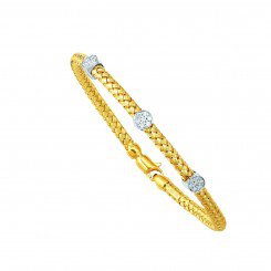14K two tone Gold round Basket Weaved Bangle Barrels with 0.21ct White Diamond