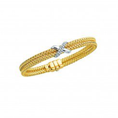 14K Yellow & White Gold Double Basket Weaved Bangle with 0.18 ct White Diamond