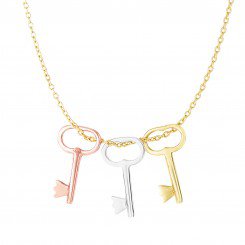 14kt Yellow, White & Rose Gold 3 -Tri-Color Shiny Key On Cable Link Necklace