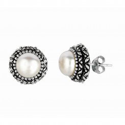 Silver with Rhodium Finish Oxodized Finish Shiny Round White Pearl Earring