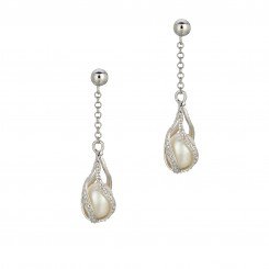 Silver with Rhodium Finish Shiny Chain Link Fancy Twisted Tear Drop White Pearl Earring