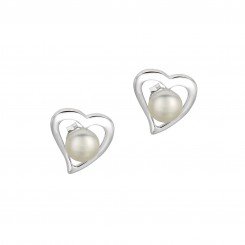 Silver with Rhodium Finish Shiny Open Centered Heart 6.5mm White Pearl Earring