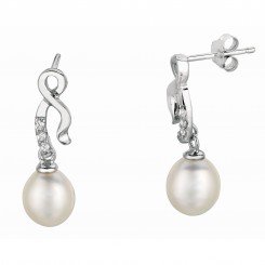 Silver with Rhodium Finish Shiny White Pearl Fancy Twisted Dangle Earring