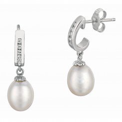 Silver with Rhodium Finish Shiny White Pearl Fancy Earring
