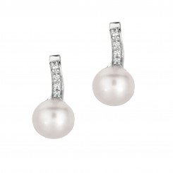 Silver with Rhodium Finish Shiny White Pearl Drop Earring with White Cubic Zirconia