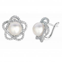Silver with Rhodium Finish Shiny Flower Type Leverback Earring with White Pearl+White Cubic Zirconia