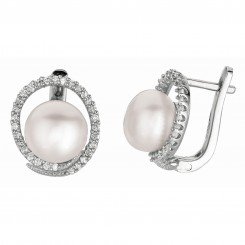 Silver with Rhodium Finish Shiny Open Round Cubic Zirconia Leverback Earring White Pearl