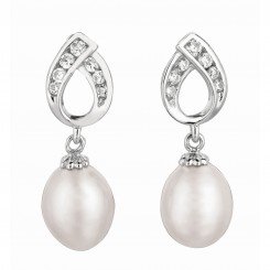 Silver with Rhodium Finish Shiny White Pearl Fancy Tear Drop Cubic Zirconic Earring