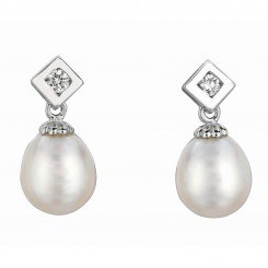 Silver with Rhodium Finish Shiny White Pearl Cubic Zirconic Earring