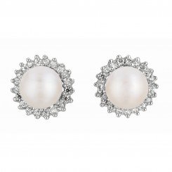 Silver with Rhodium Finish Shiny White Pearl Sun Flower Cubic Zirconic Earring