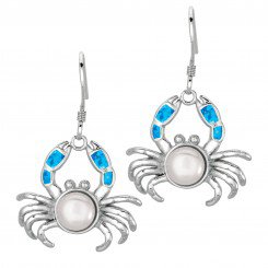 Silver with Rhodium Finish Shiny Created Opal & White Pearl Crab Drop Earrings