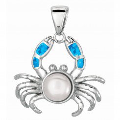 Silver with Rhodium Finish Shiny Created Opal Crab Pendant with White Pearl
