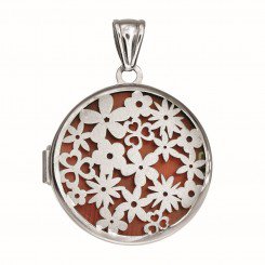 Silver Locket with Rhodium Finish 37mm Round with Satin Flower Pattern