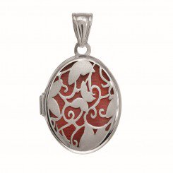 Silver Locket with Rhodium Finish Oval with Satin Flower & Butterfly Pattern with Red Interior