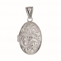 Silver Locket with Rhodium Finish 20x25mm Oval with Busy Vine Line Pattern