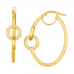 14K Yellow Gold Shiny Oval Hoop Earring with 2-Small Circle