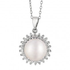 Sterling Silver Rhodium Finish White Pearl Sun Flower Fancy Pendant Cable Chain