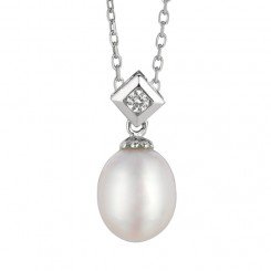 Sterling Silver Rhodium Finish White Pearl Fancy Cubic Zirconia Pendant on Cable Chain