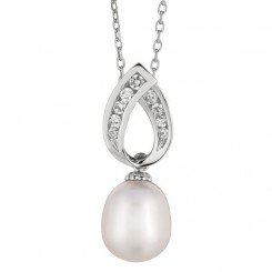 Sterling Silver Rhodium Finish White Pearl Fancy Cubic Zirconia Pendant on Cable Chain
