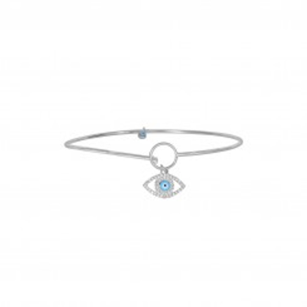 Sterling Silver with Rhodium Finish Evil Eye Bangle bracelet with Hook Style Clasp