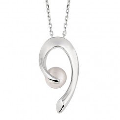 Sterling Silver Rhodium Finish White Pearl Fancy Curve Cubic Zirconia Pendant on Cable Chain