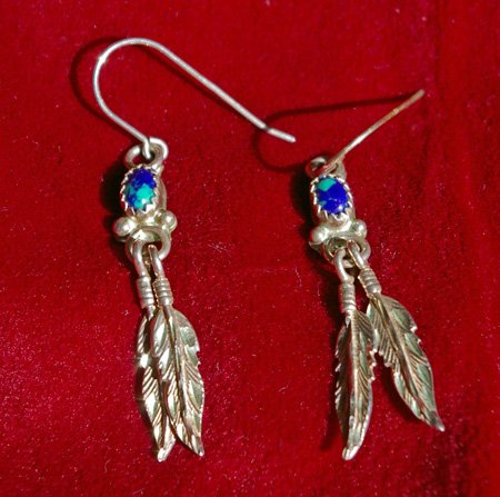 Azurite/Malachite Stone Sterling Silver Feather Earrings