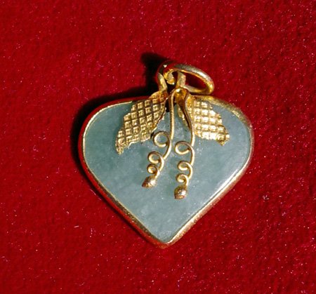 Green Jade Heart Pendant with Gold Leaf