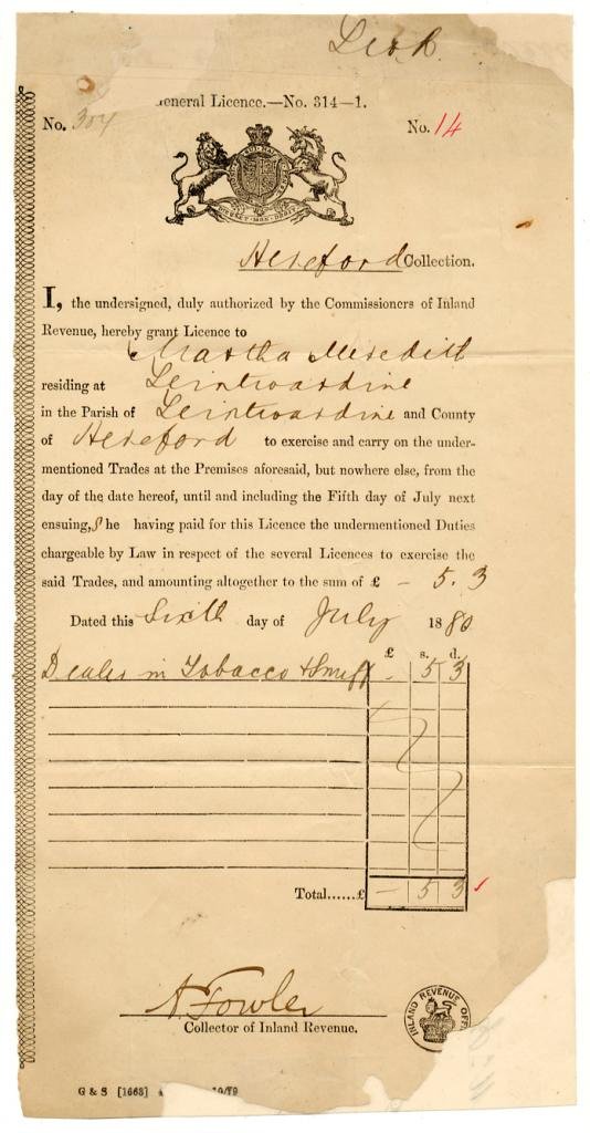 (I.B) QV Revenue : Tobacco & Snuff Seller's Licence 5/3d (Leintwardine 1880)