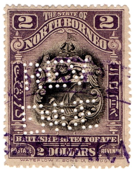 (I.B) North Borneo Revenue : Duty Stamp $2 (perfin)