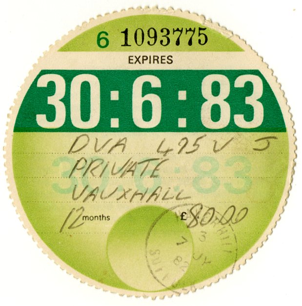 (I.B) GB Revenue : Car Tax Disc (Vauxhall 1983)