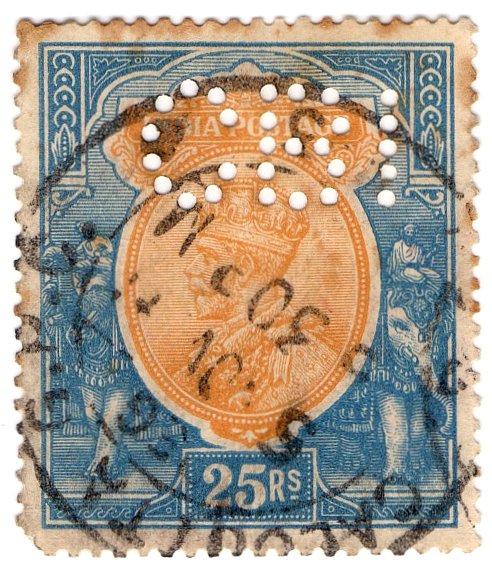 (I.B) India Postal : 25R perfin (Chartered Bank International)