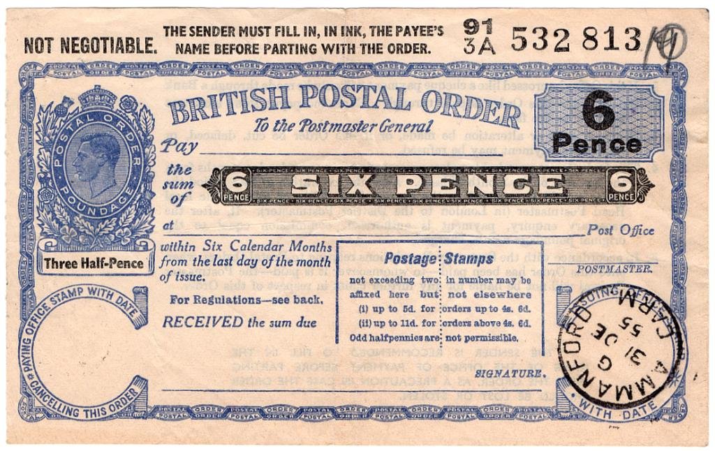 (I.B) George VI Revenue : Postal Order 6d (Ammanford 1955)