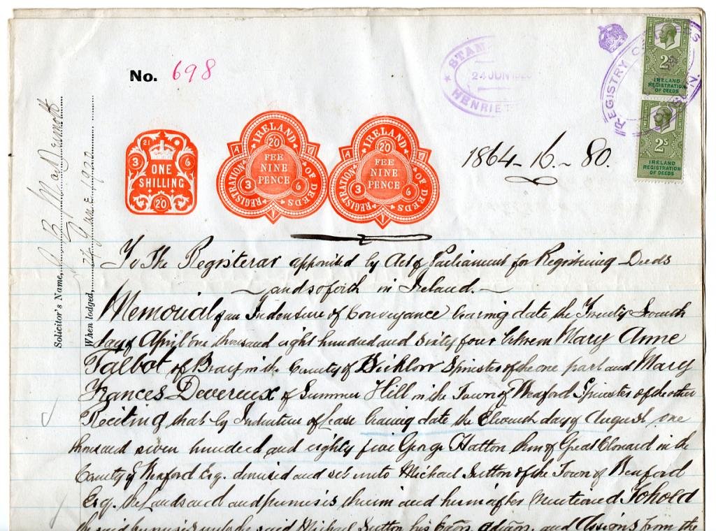 (I.B) George V Revenue : Ireland Registration of Deeds 6/6d (compete document)