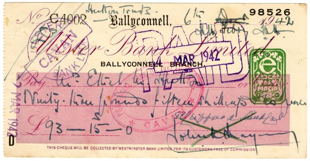 (I.B) Ireland Revenue : Cheque Duty 2d (Ballyconnell 1942)