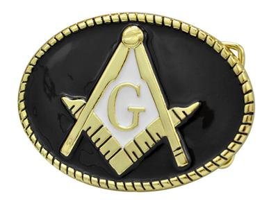 Masonic Oval Belt Buckle Enamel Black and Gold Compass G Masons Freemason Metal