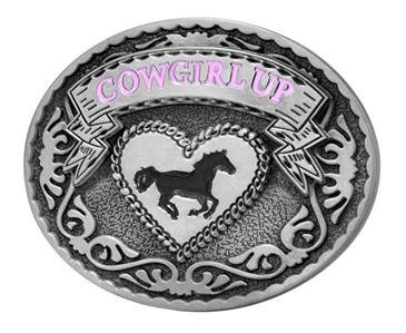 Cowgirl Up Rodeo Belt Buckle Metal Western Design With Horse and Heart Cow Girl