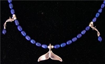 Orca Whale Necklace with Blue Pearls 0.925 Silver Pendants