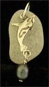 Sea Glass with Orca Whale 0.925 Silver Pendant and Pearl